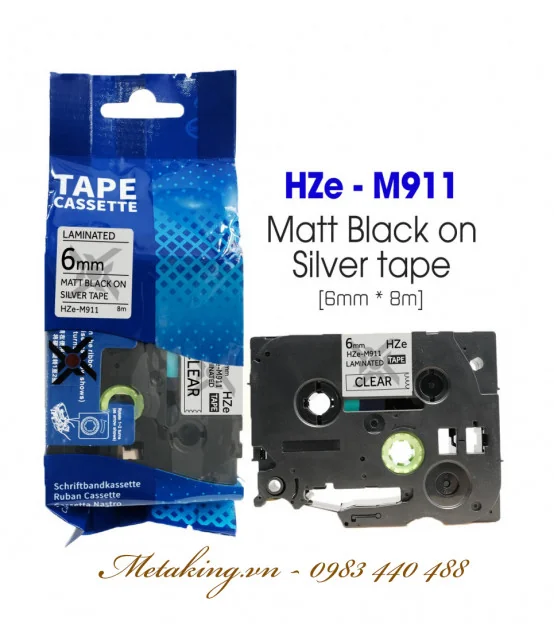 Nhãn HZe-M911 (TZe-M911), 6mm X 8m, Chữ đen - nền bạc | AIMO Việt Nam