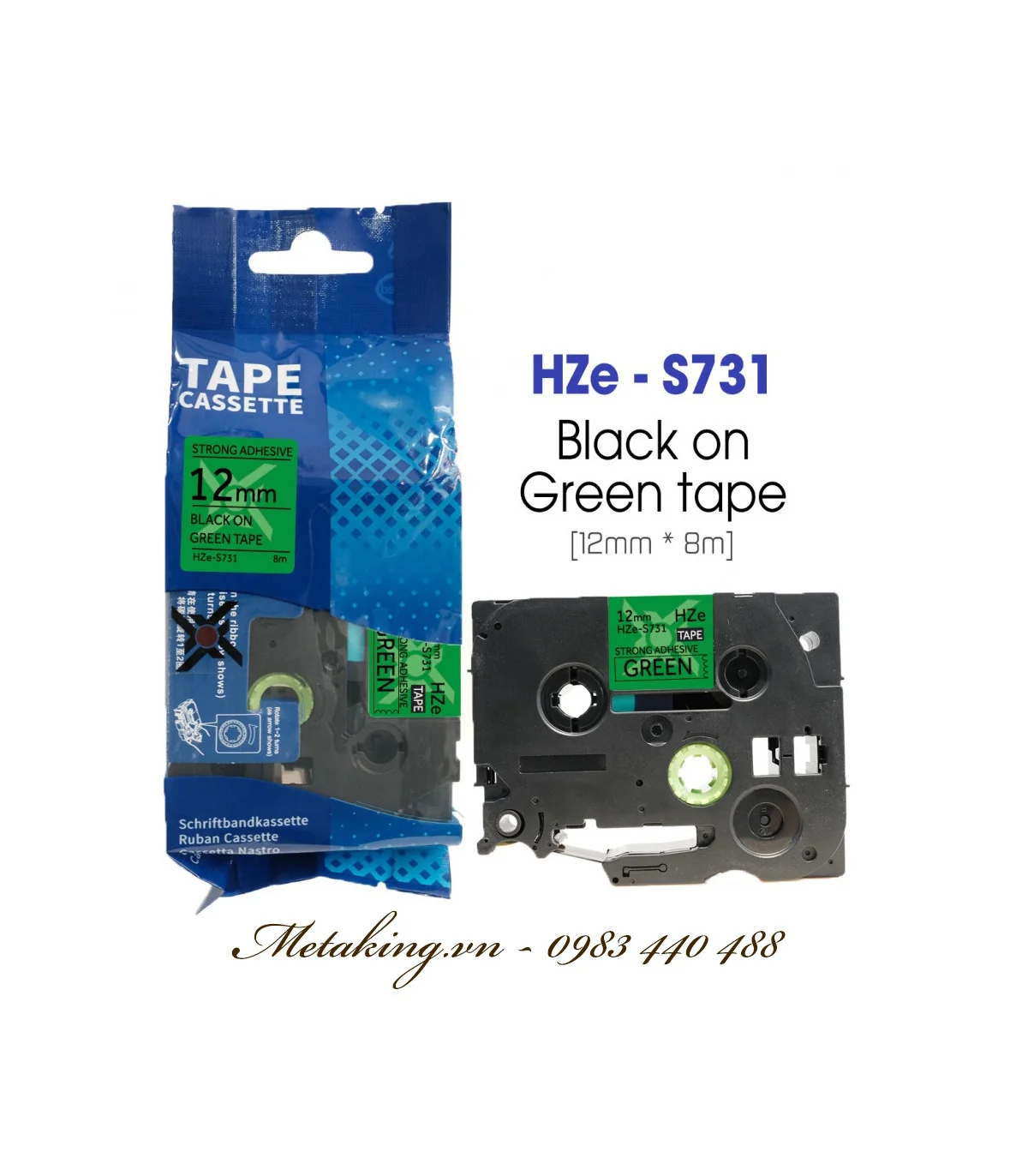 Nhãn HZe-S731 (TZe-S731), 12mm X 8m, Chữ đen - nền xanh lá | AIMO Việt Nam