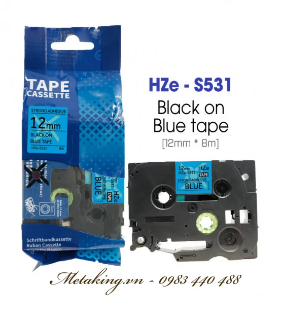 Nhãn HZe-S531 (TZe-S531), 12mm X 8m, Chữ đen - nền xanh dương | AIMO Việt Nam