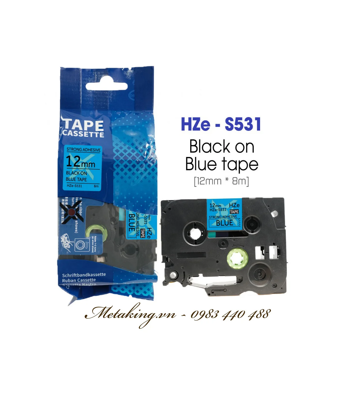 Nhãn HZe-S531 (TZe-S531), 12mm X 8m, Chữ đen - nền xanh dương | AIMO Việt Nam
