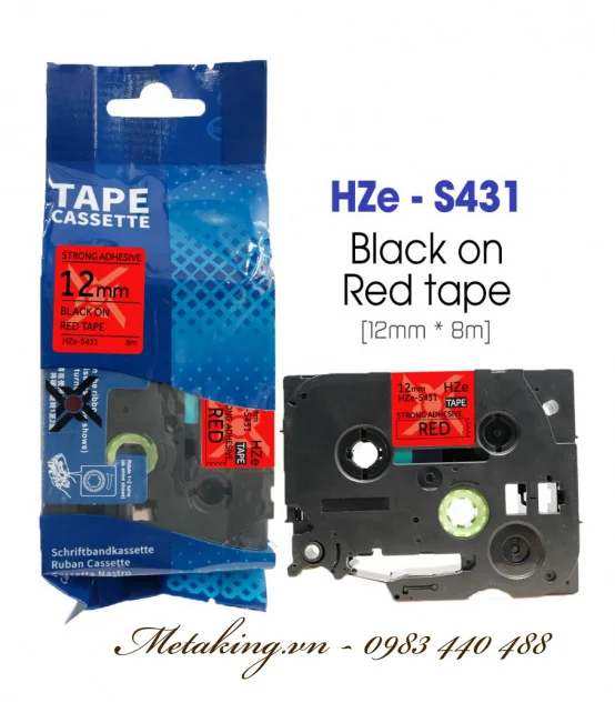 Nhãn HZe-S431 (TZe-S431), 12mm X 8m, Chữ đen - nền đỏ | AIMO Việt Nam