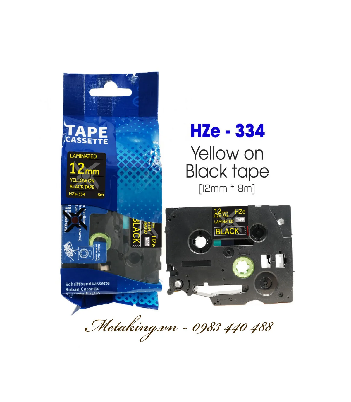 Nhãn HZe-334 (TZe-334), 12mm X 8m, Chữ vàng đồng - nền đen | AIMO Việt Nam