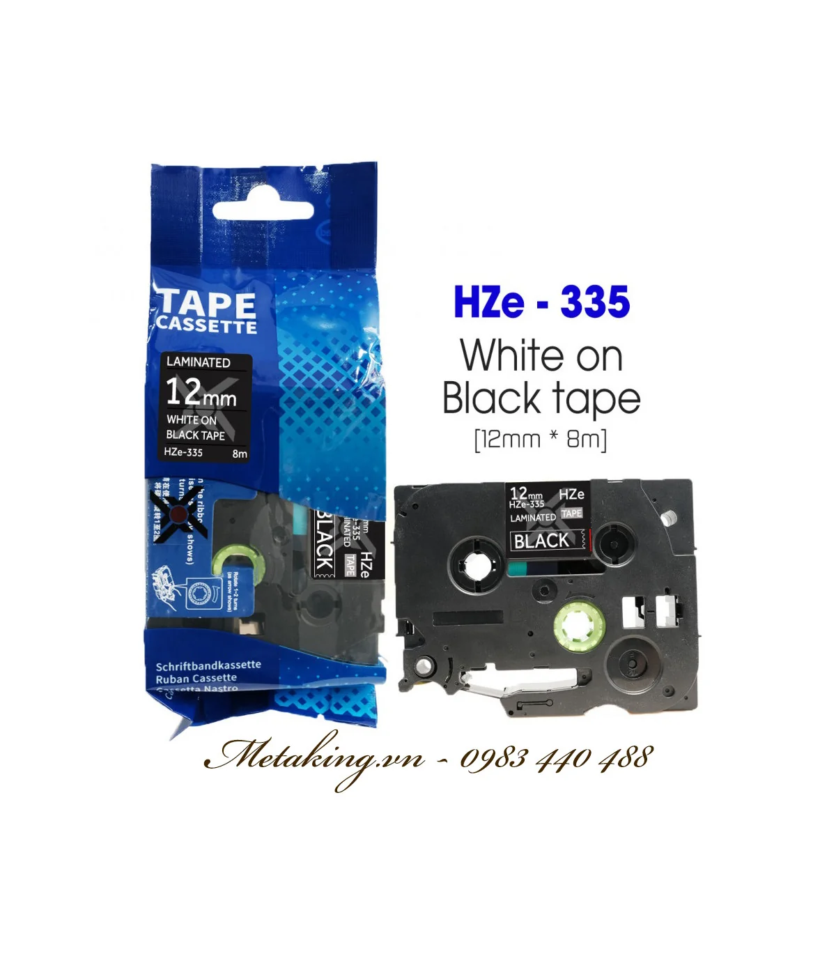 Nhãn HZe-335 (TZE-335), 12mm X 8m, Chữ trắng - nền đen | AIMO Việt Nam