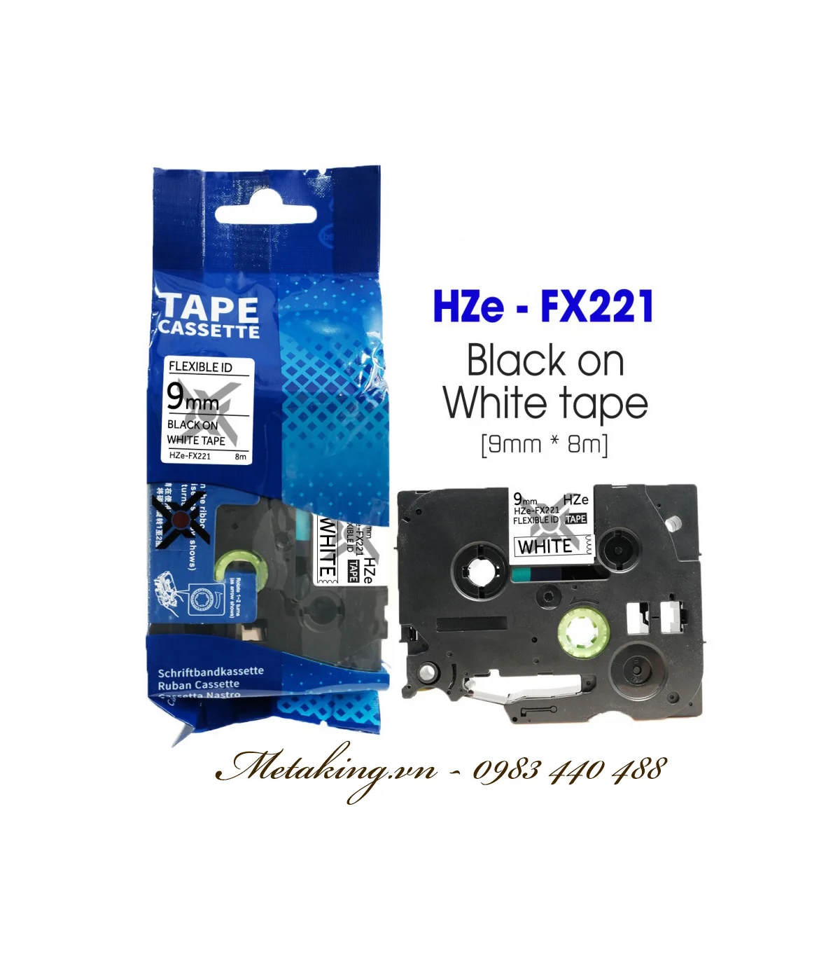 Nhãn HZe-FX221 (TZe-FX221), 9mm X 8m, Chữ đen - nền trắng | AIMO Việt Nam