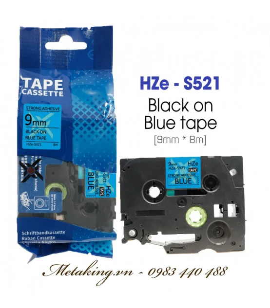 Nhãn HZe-S521 (TZe-S521), 9mm X 8m, Chữ đen - nền xanh dương | AIMO Việt Nam