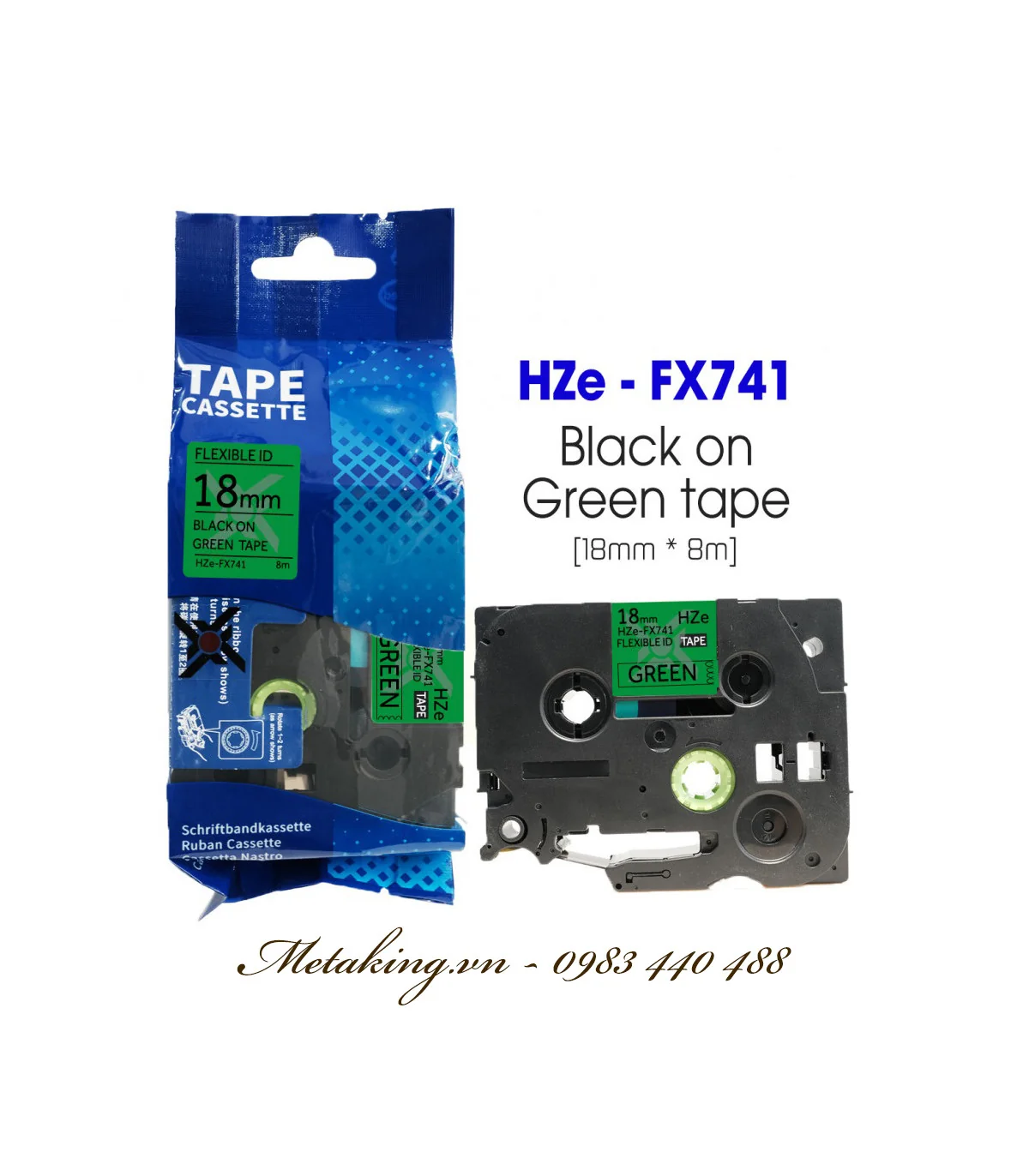 Nhãn HZe-FX741 (TZe-FX741), 18mm X 8m, Chữ đen - nền xanh lá