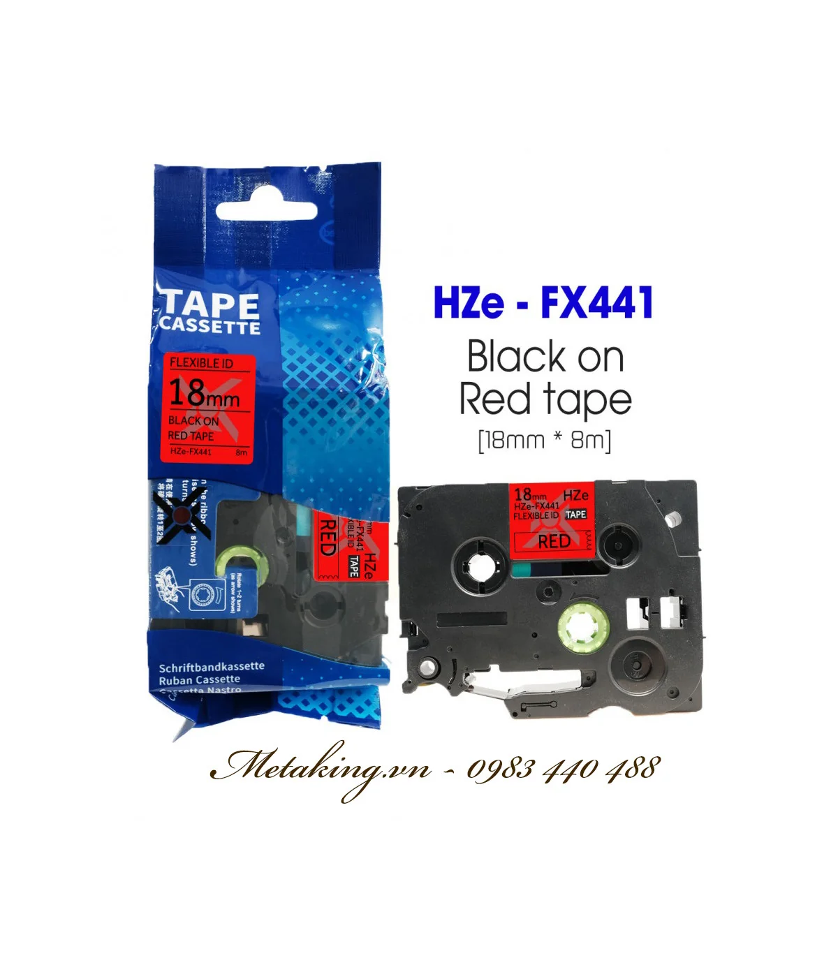 Nhãn HZe-FX441 (TZe-FX441), 18mm X 8m, Chữ đen - nền đỏ | AIMO Việt Nam