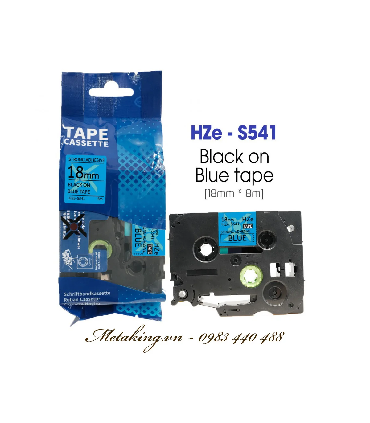 Nhãn HZe-S541 (TZe-S541), 18mm X 8m, Chữ đen - nền xanh dương | AIMO Việt Nam