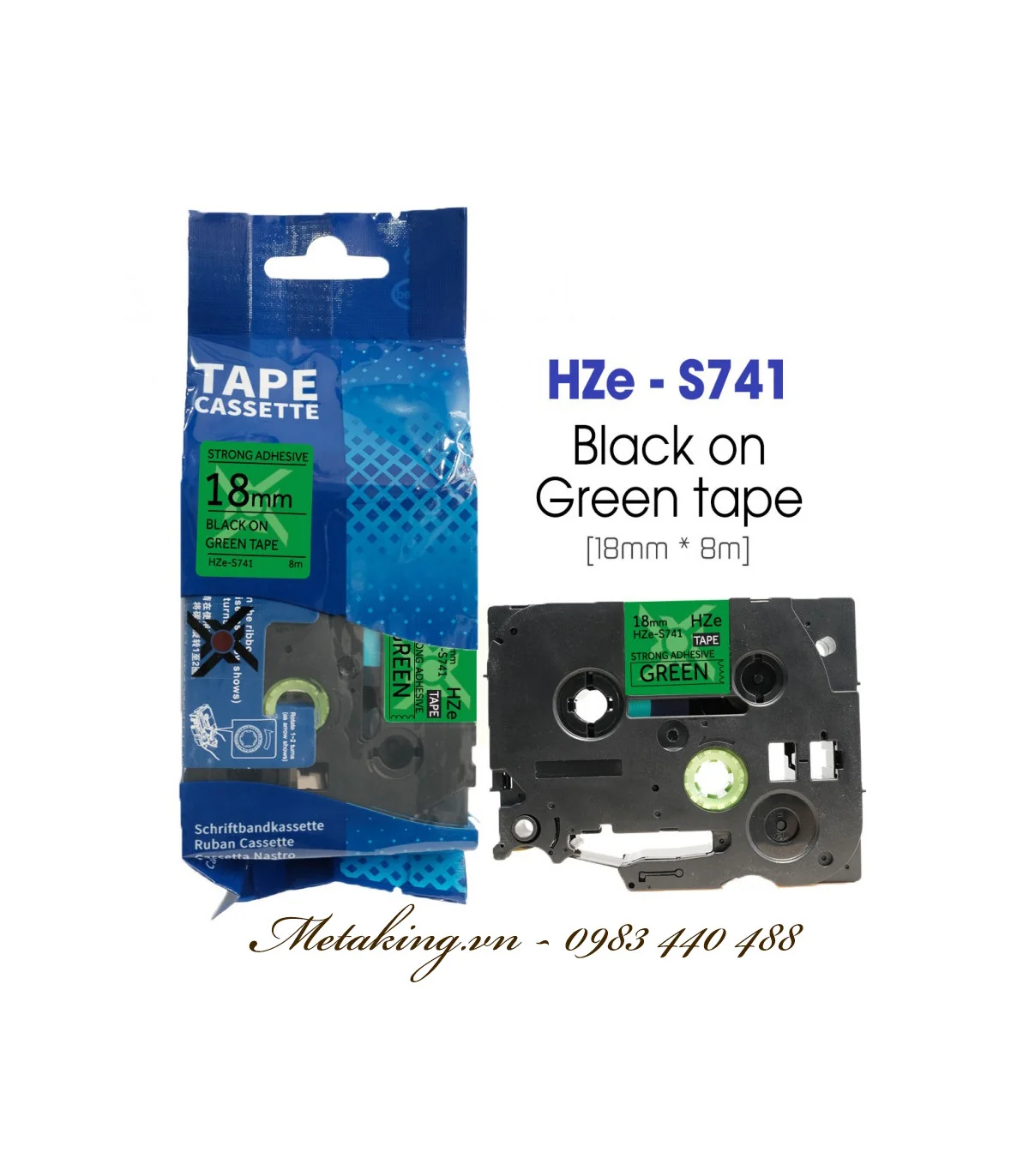 Nhãn HZe-S741 (TZe-S741), 18mm X 8m, Chữ đen - nền xanh lá | AIMO Việt Nam