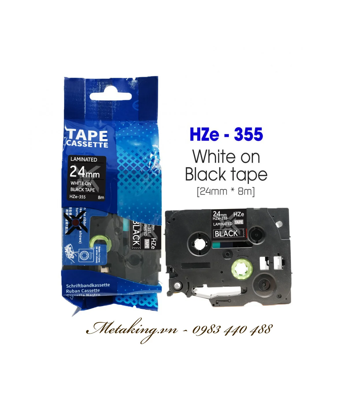 Nhãn HZe-355 (TZe-355), 24mm X 8m, Chữ trắng - nền đen | AIMO Việt Nam
