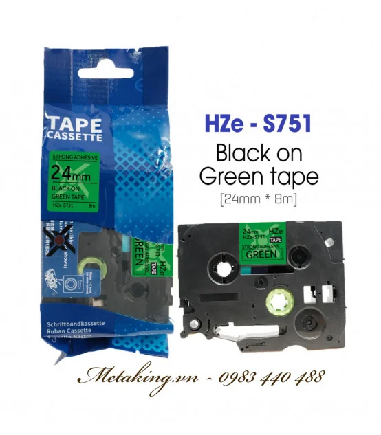Nhãn HZe-S751 (TZe-S751), 24mm X 8m, Chữ đen - nền xanh lá | AIMO Việt Nam