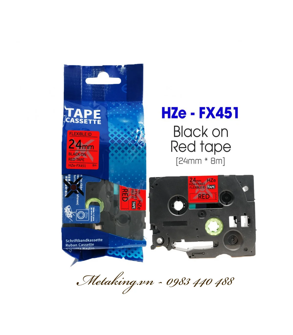 Nhãn HZe-FX451 (TZe-FX451), 24mm X 8m, Chữ đen - nền đỏ | AIMO Việt Nam