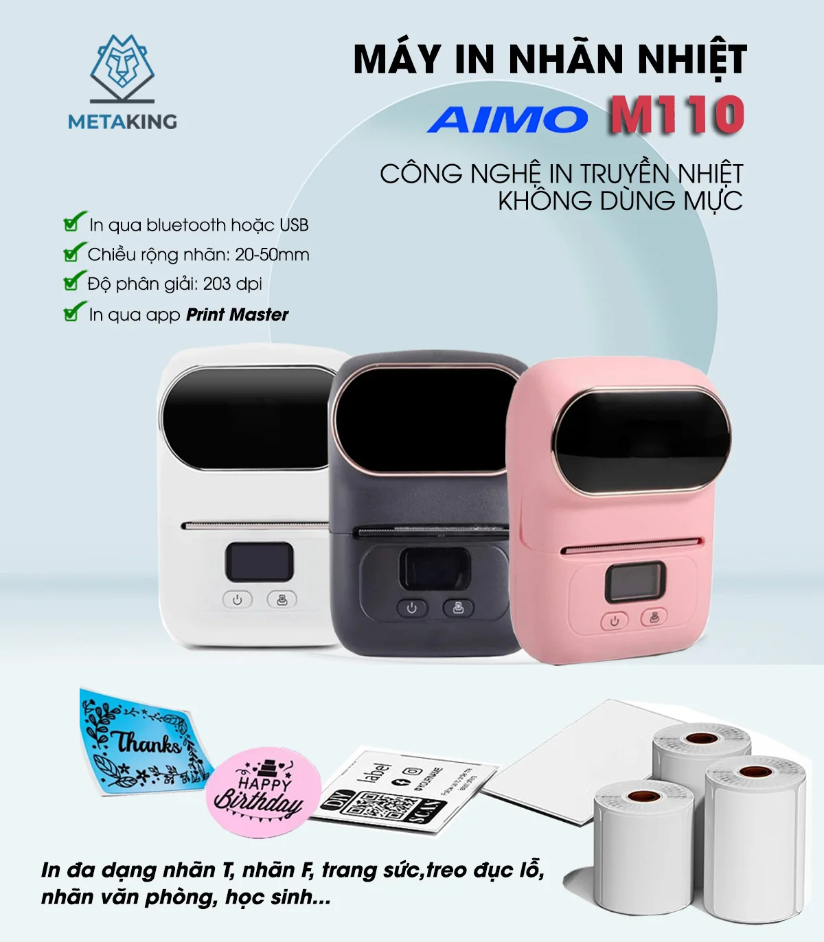 Máy in nhãn mini M110, Bluetooth, cầm tay di động | AIMO Việt Nam