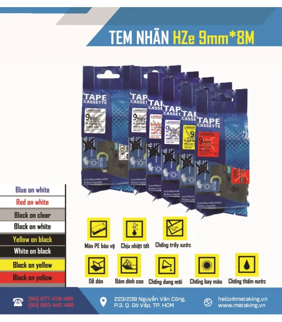 Nhãn HZe-221 (TZe-221), 9mm X 8m, Chữ đen - nền trắng | AIMO Việt Nam