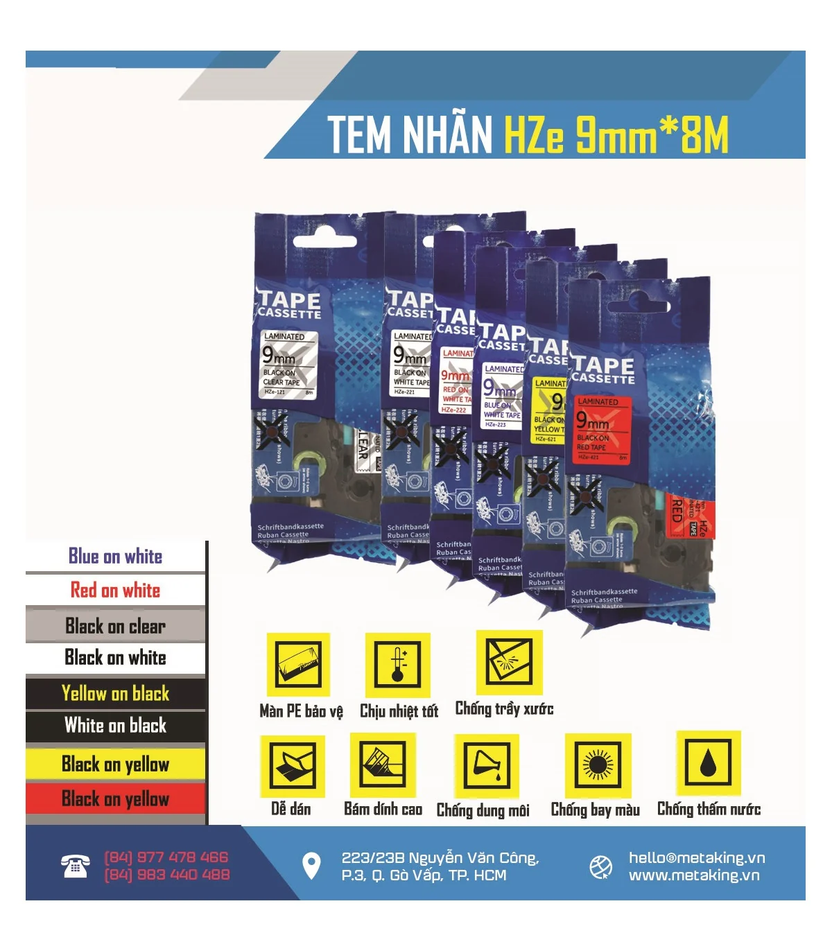 Nhãn HZe-621 (TZe-621), 9mm X 8m, Chữ đen - nền vàng | AIMO Việt Nam