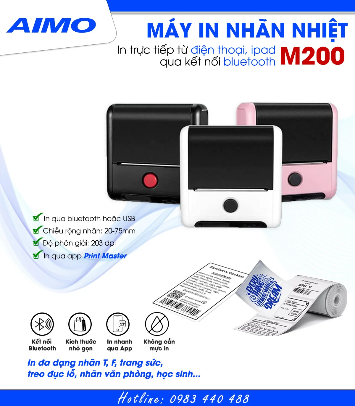 Máy in nhãn mini M200, Bluetooth, cầm tay di động | AIMO Việt Nam