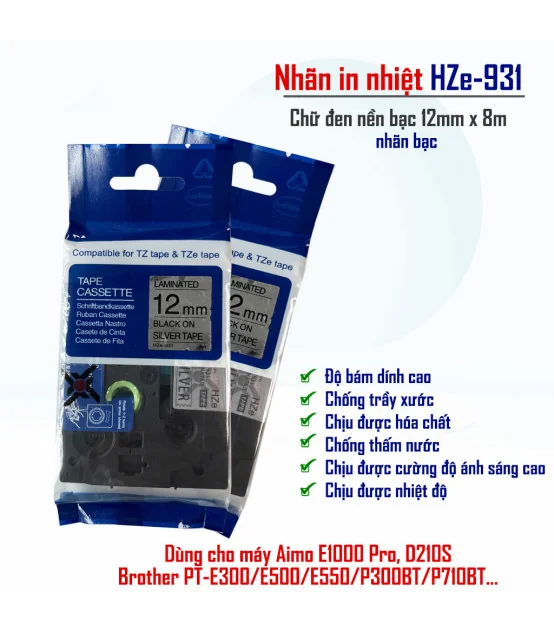Nhãn HZe-931 (TZe-931), 12mm X 8m, Chữ đen - nền bạc | AIMO Việt Nam