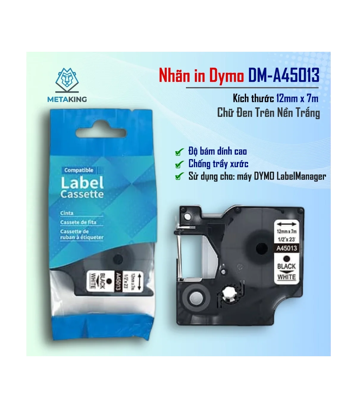 Dymo DM-A45013, [12mm x 7m], Chữ đen nền trắng | AIMO Việt Nam