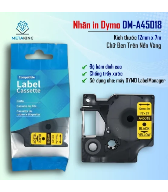 Dymo DM-A45018, [12mm x 7m], Chữ đen nền vàng | AIMO Việt Nam