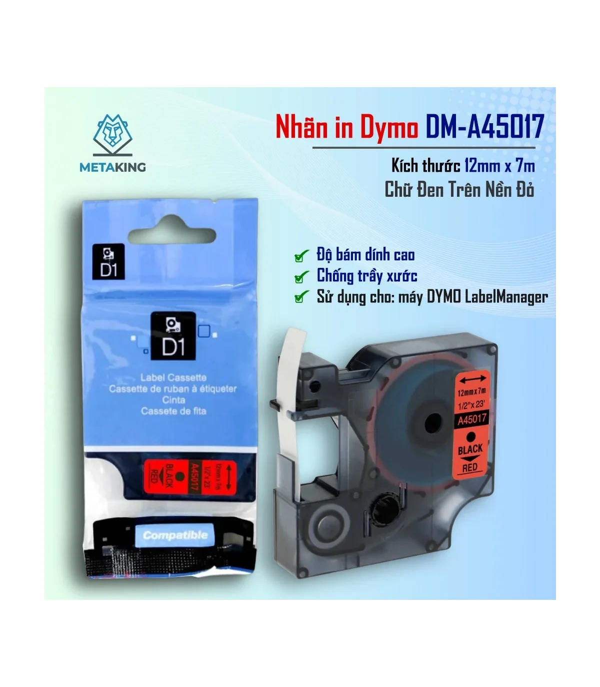 Dymo DM-A45017, [12mm x 7m], Chữ đen nền đỏ | AIMO Việt Nam