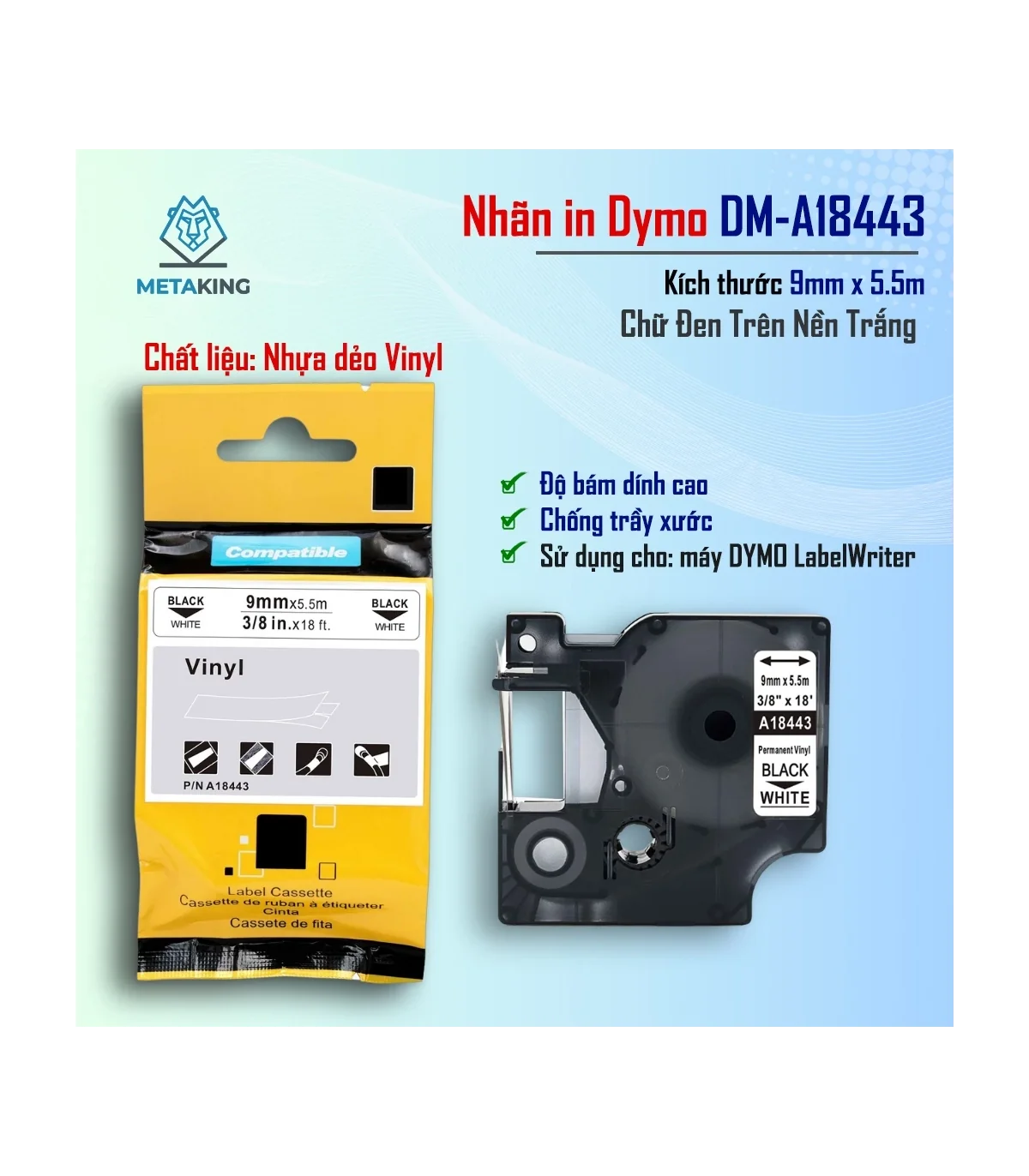 Dymo DM-A18443, [9mm x 7m], Chữ đen nền trắng | AIMO Việt Nam
