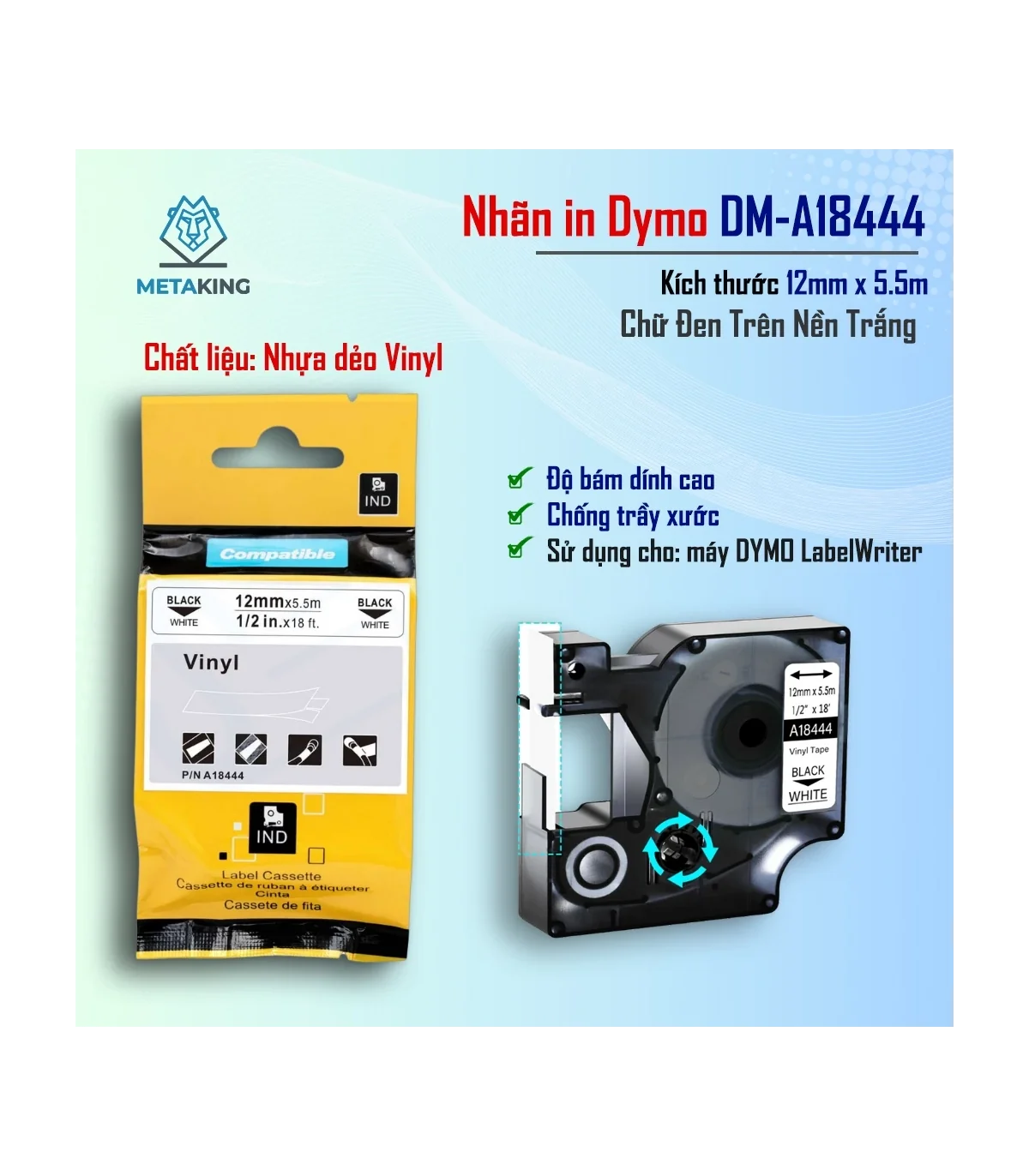 Dymo DM-A18444, [12mm x 7m], Chữ đen nền trắng | AIMO Việt Nam